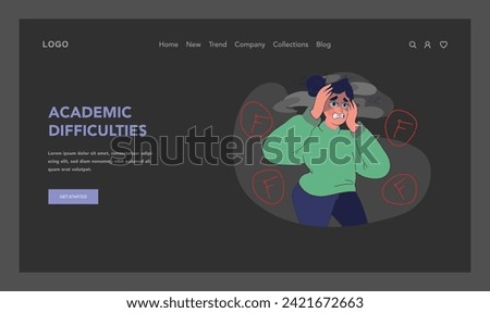 Academic difficulties concept. Distressed student overwhelmed by multiple failing grades, struggling with educational pressures. Challenges in learning process. Flat vector illustration