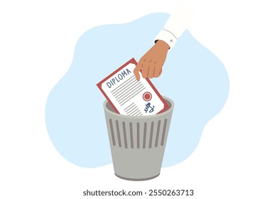 Academic diploma of education in hand graduate throwing document from university in trash. Problem low-quality education and lack of demand among employers among people who have graduated from college