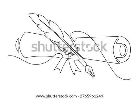 Academic diploma scroll quill pen continuous line minimalist outline illustration