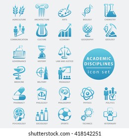 Academic disciplines isolated icon set, vector illustration