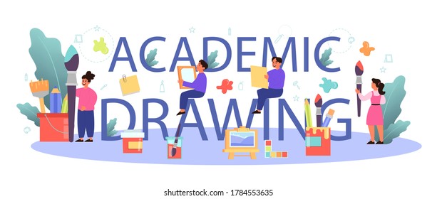 Academic drawing education typographic header concept. Student holding a brush and paints. Artist learning kids to draw. Digital and classic painting. Isolated flat vector illustration