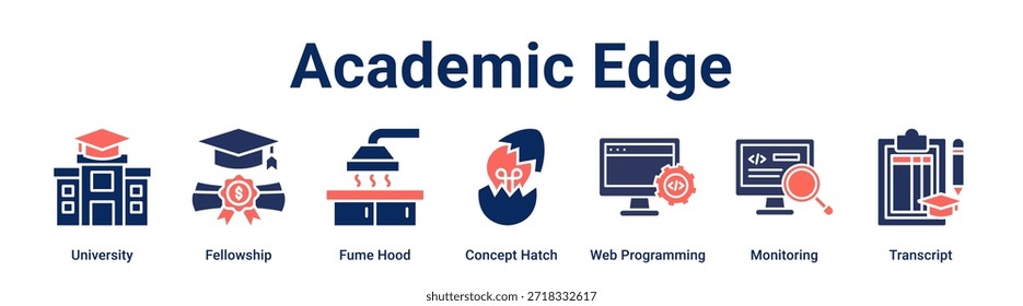 Academic Edge banner web ícone vetor ilustração conceito para a educação com ícone de Universidade, Bolsa de Estudo, Capuz de fumo, Hachura Conceito, Programação Web, Monitoramento.