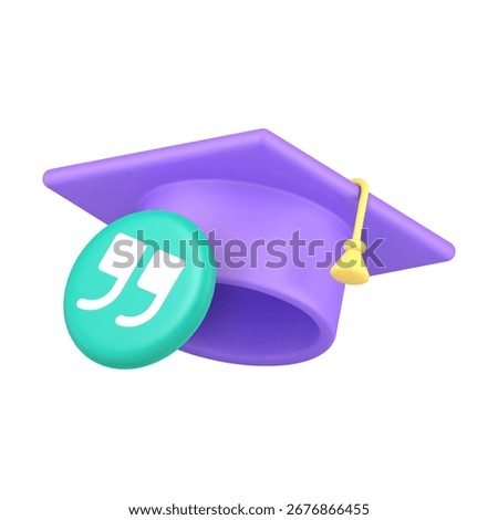 Academic education achievement and citation reference concept with graduation cap and quotation marks symbol for learning application. Modern 3d icon realistic vector illustration.