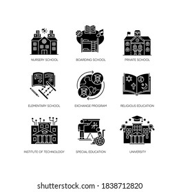 Academic education black glyph icons set on white space. Public and private school services silhouette symbols. Inclusive education and student exchange programs. Vector isolated illustrations