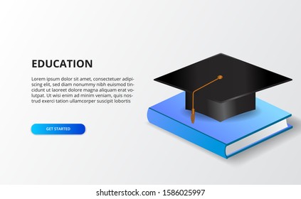 academic education concept. course, class, tutorial. Graduation ceremony illustration. 3D isometric graduation cap with book. 