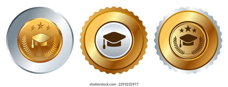 Academic education graduation cap hat medal gold round competition winner round badge emblem
