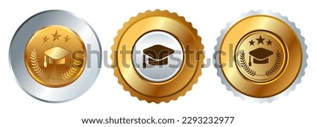 Academic education graduation cap hat medal gold round competition winner round badge emblem