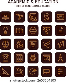 Academic and education icons set representing knowledge with soft user interface design showcasing the diverse symbols
