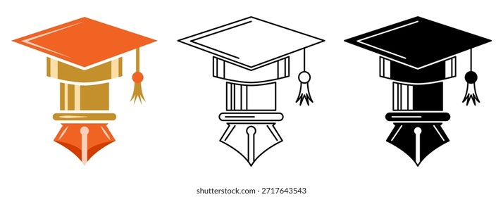 Design de modelo de logotipo da educação acadêmica com chapéu de graduação e ilustração de vetor de caneta
