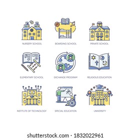 Academic education RGB color icons set. Public and private school services. Inclusive education and student exchange programs. Isolated vector illustrations