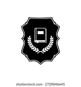 Academic education shield silhouette vector illustration with open book and laurel wreath for school university graduation emblem