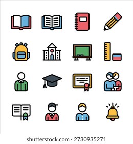 Educación académica Iconos de aprendizaje y suministros escolares para estudiantes