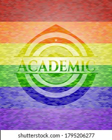 Academic emblem on mosaic background with the colors of the LGBT flag. 