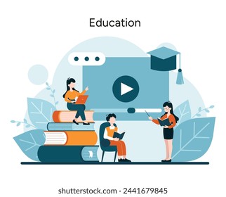 Academic Enrichment concept. Interactive learning with digital platforms and books. A commitment to education through technology and reading. Knowledge expansion in action. Vector illustration