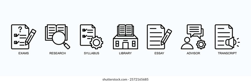 Academic Essentials Icon Set Isolated Vector Illustration Concept With Icon Of Exams, Research, Syllabus, Library, Essay, Advisor, Transcript In Outline Style