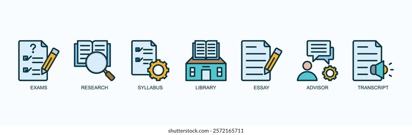 Academic Essentials Icon Set Isolated Vector Illustration Concept With Icon Of Exams, Research, Syllabus, Library, Essay, Advisor, Transcript In Outline Color Style