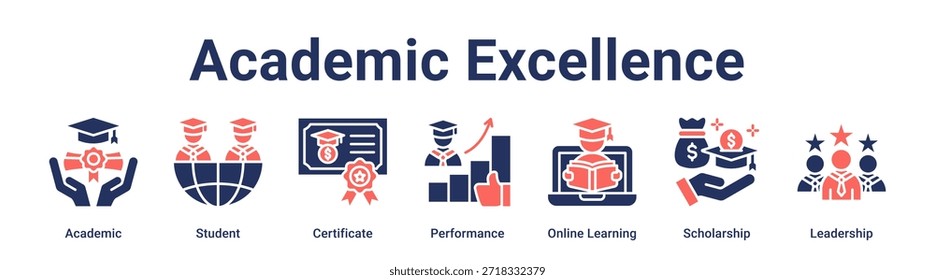 Excelencia Académica Concepto de Ilustración vectorial de ícono de Web de Anuncio para la educación con ícono de Académico, Estudiante, Certificado, Rendimiento, Aprendizaje en línea, Beca.