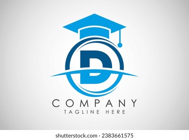 Alfabeto inglés D en un círculo con sombrero educativo. Vector del logotipo de educación y graduación