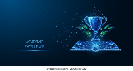 Academic excellence, top performing in education futuristic concept with open book and trophy in glowing low polygonal style on dark blue background. Modern abstract connect design vector illustration