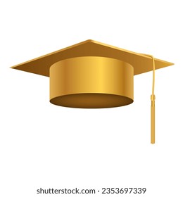 Academic graduates golden 3d cap. Festive prom headwear for colleges and academies with ceremony awarding scientific vector degrees