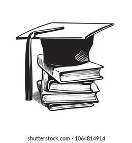 Academic graduation cap on stack  of books. Retro engraving style education concept. Hand drawn vector sketch illustration  isolated on white background.