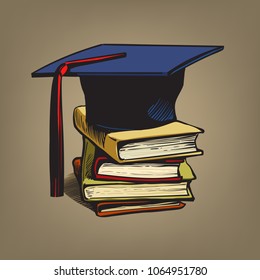 Academic graduation cap on stack  of books. Retro engraving style education concept. Hand drawn vector sketch illustration  isolated on color background.