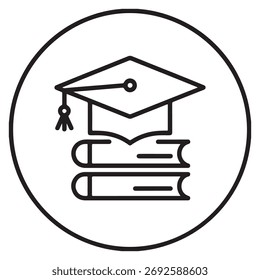 Gorra de graduación académica y pila de iconos de libros que representan el conocimiento de aprendizaje de la educación y el logro universitario en un marco de círculo aislado sobre fondo blanco
