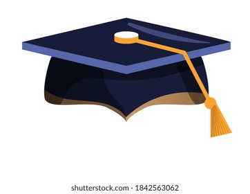 Academic graduation cap with tassel on white background