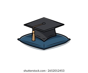 Capuz de graduação acadêmica com borla apoiada em uma almofada azul isolada sobre fundo branco