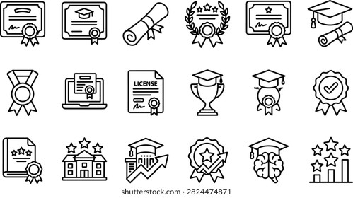 Academic Graduation and Certification Line Art Vector Icon Set Featuring Diplomas Mortarboard Caps Trophy Awards Licenses and Quality Badges