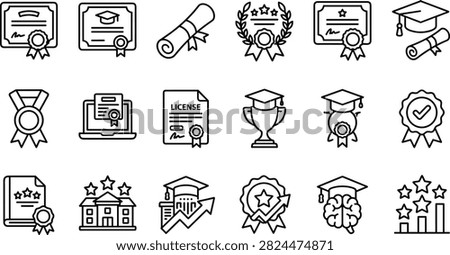 Academic Graduation and Certification Line Art Vector Icon Set Featuring Diplomas Mortarboard Caps Trophy Awards Licenses and Quality Badges