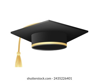 Academic graduation hat 3d realistic in black and gold design.Hand drawn. Design element graduation ceremony decoration, cards, banners, invitations, websites. Flat style. Vector illustration