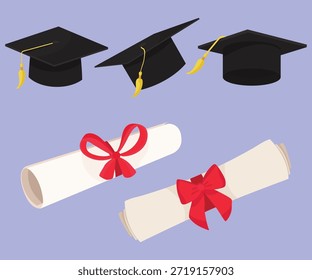Vídeo de formatura acadêmica apresentando uma coleção de bonés e diplomas com arcos vermelhos, simbolizando o sucesso educacional e a celebração de conquistas