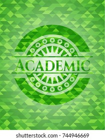 Academic green emblem with triangle mosaic background