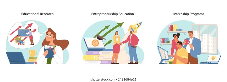 Academic growth set. Various people study. Educational research, entrepreneurship education, and internship programs as essentials for academic and career development. Flat vector illustration