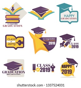 Academic hat and books happy graduation isolated icon vector pen and pencil stationery education and knowledge university or college school Bachelors or Masters degree event celebrating congratulation