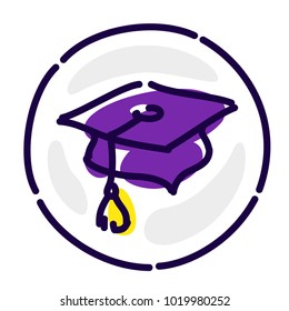 Academic hat is an exclusive logo, avatar, sign. Vector flat icon. Image is isolated on white background. Sign, mascot of the company. Corporate identity.