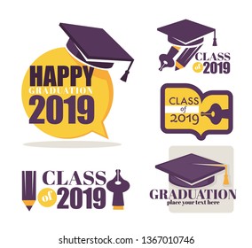 Academic hat happy graduation greeting isolated icons vector knowledge and education Bachelor and master degree student university or college headdress accessory emblem or logo celebration and wish