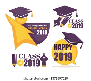 Academic hat happy graduation greeting isolated icons vector knowledge and education Bachelor and master degree student university or college headdress accessory emblem or logo celebration and wish.