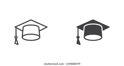 Academic hat icon. Graduate cap line and glyph version, outline and filled vector sign. linear and full pictogram. Symbol, logo illustration. Different style icons set