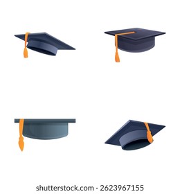 Academic hat icons set cartoon vector. Black cap of graduation university. Element for degree ceremony