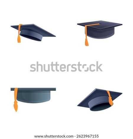 Academic hat icons set cartoon vector. Black cap of graduation university. Element for degree ceremony