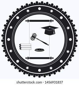 Academic hat, Judge hammer and stand, books, scroll - black and white round icon - isolated on white background - vector.