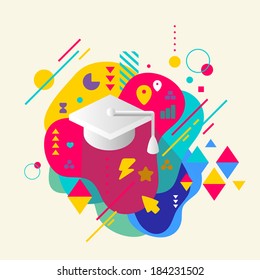 Academic hat on abstract colorful spotted background with different elements. Flat design.