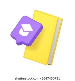 Academic hat placed on yellow book symbolizes education, learning, graduation, and academic achievement in modern colorful style. 3d icon realistic vector illustration