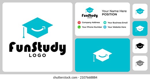 Academic hat and smile logo design with business card template.