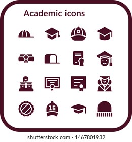 academic icon set. 16 filled academic icons.  Collection Of - Cap, Mortarboard, Graduation, Diploma, Graduated, Graduates