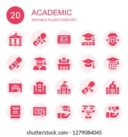 academic icon set. Collection of 20 filled academic icons included University, Diploma, Graduation, Student, Graduation hat, Thesis