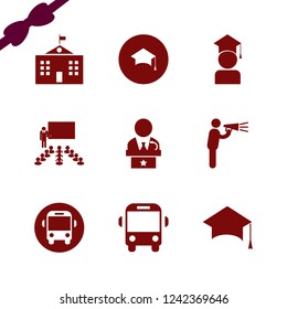 academic icon. academic vector icons set graduaded student, man talking by speaker, teacher in classroom and school bus