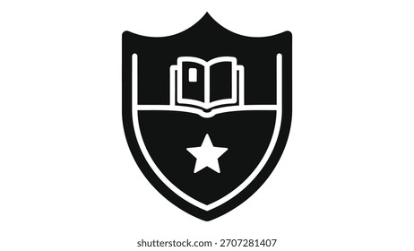 Academic institution shield emblem with open book and star for education and learning identity vector icon